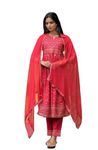 COTTON HTHRANG Indian Women's Tunics Tops, Both Side Slit Rayon Anarkali Kurti Pants Set With Dupatta, 3/4 Sleeve Red Kurtis, Red, Large