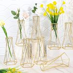 8 Set Gold Glass Vase for Centerpieces Metal Geometric Vase Test Tube Vase Modern Hydroponic Flower Stand with Glass Cylinder for Flowers Plant Wedding Office Home Centerpiece (8.7 Inch)