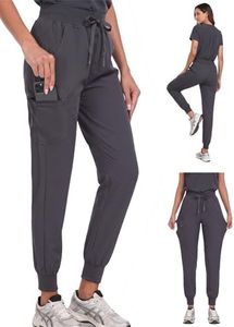 VECARDI Women's Scrub Jogger Pants High Waisted Stretch Nurse Work Bottoms 5 Pockets Elastic Waist Slim Fit Grey