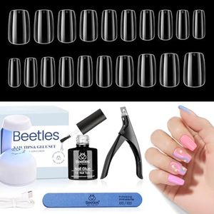 beetles Gel Polish Gel Nail Kit Easy Nail Extension Set, 240Pcs Soft Short Square Nail Tips with 5 In 1 Nail Glue Base Gel and Led Lamp Acrylic Nail Tips Easy DIY Fake Nails Art Home Gelly Tips