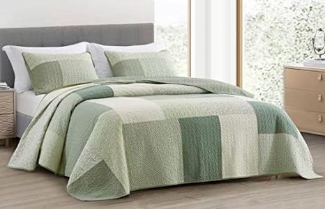 Chezmoi Collection Elm 3-Piece Chic Patchwork Quilt Set - Green Floral Striped Coverlet - Pre-Washed Cotton Lightweight Reversible Bedspread, Queen Size