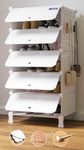 BOXJOY 5 Shelf Shoe Rack Box Organizer with 5 Doors, Strong Magnets & 5 Hook Steel Holder for Home Storage, PP Plastic Cabinets with Metal Door Frame, Chappal Slipper Stand (White Rack, White Door)