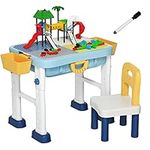 COSTWAY Kids Building Blocks Table and Chair Set, Height Adjustable Activity Table with Double-Side Tabletop, Storage Space, for Drawing, Arts, Sand Play