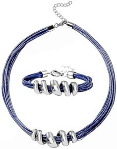 SHOP LC DELIVERING JOY Choker Necklace for Women Trendy 16" & Cuff Bracelet 7"- Cord Leather Necklace Set with Adjustable Lobster Claw Boho Jewelry Birthday Gifts - Blue