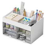 Desk Organizer with Drawer, Makeup Organizer, Office Supplies Caddy Stationary Accessories Storage Box Desktop Pen Holder for Home Office and School (White)