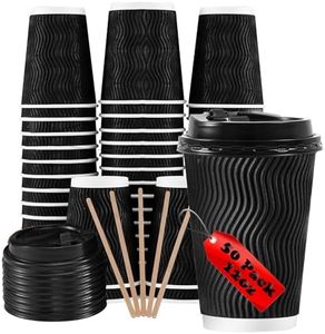 12oz Disposable Insulated Coffee Cup with Lid, Black Hot Coffee Paper Cup with Lid with Bamboo Stirring Stick, Corrugated Wall Mug for Hot Drinks, Office Coffee Bar (50 Pack)