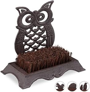 Relaxdays Cast Iron Shoe Brush Owl Design Hard Coconut Bristles Outdoor Antique Shoe Scraper Brown Cast Iron 21.5 x 24 x 14cm