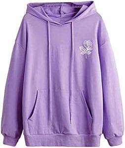 SweatyRocks Women's Casual Rose Print Long Sleeve Pullover Hoodie Sweatshirt Tops, Solid Purple, Small