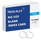 True-Ally Big Size unruled Index Flash Cards - 4x6 inch, White, 75 Cards, 200 GSM - with Free Binder Rings for Short Notes, cue Cards, Cheat Sheets, Interview Preparation (4x6 inch Plain - 75 Sheets)