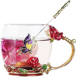 VANUODA Enamels Butterfly Flower Tea Cup, Glass Coffee Mugs with Spoon, Gifts for Birthday Valentines Mothers Day Graduation Christmas, Presents for Women Wife Mom Her Grandma Girls Teacher Friends