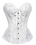 Corset Satin Overbust Lace up Busiter Shapewear Outfit, White, Medium