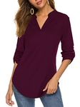 RANPHEE Womens Deep Purple Roll Up 3/4 Sleeve V Neck Tops Casual Tunic Loose Fit Business Blouses Work Shirts L