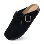 IIITHREE Women's Suede Clogs Cork Footbed Clogs for Women Soft Leather Adjustable Buckle Slip-on Potato Shoes Sandals Black