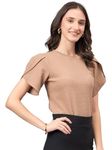 Style Quotient Women Solid Brown Poly Knit Smart Casual Regular Tulip Sleeve Top