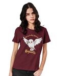 The Souled Store Women Official Harry Potter: Hedwig Special Burgundy Printed T-Shirt for Women Round Neck Half Sleeve Printed Breathable Cotton Stylish Dry Fit Tshirts Casual Branded