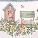 CONCORD WALLCOVERINGS ™ Vintage Wallpaper Border Featuring Garden with Birdhouses Flowers and Butterflies, Colors Pink Yellow Green Beige and Blue, Size 9 Inches by 15 Feet LA15012DB