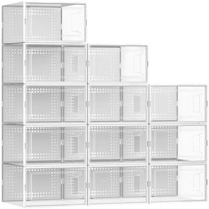 12 Pack X Large Shoe Organizer Storage Boxes for Closet, Modular Space Saving Shoe Boxes Clear Plastic Stackable Sneaker Containers Display Case with Lids, White