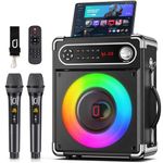 JYX Karaoke Machine with Two Wireless Microphones, Portable Bluetooth Speaker with Bass/Treble Adjustment, Remote Control and LED Lights, Supports TF Card/USB, AUX in, FM, REC for Party (Dark Blue)