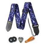 CANTUS Guitar Strap for Bass Acoustic Electric Guitars with 2 Strap Lock Button 1 Headstock band 1 Metal Pick, Blue Lightning Type