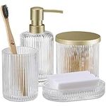 Navaris Glass Bathroom Accessories Set (4 Pieces) - Includes Soap Dispenser, Toothbrush Tumbler, Soap Dish, Cotton Pad Holder - Clear Glass with Gold Metal