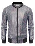 COOFANDY Men's Metallic Jacket 70s Disco Christmas Party Varsity Jacket Zip-up Baseball Bomber, Sequined Laser Silver, Large