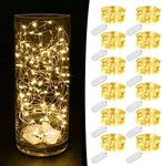 MUMUXI 12 Pack 7.2ft Fairy Lights Battery Operated String Lights, 20 Mini Battery Powered LEDs for Centerpiece Table Decorations, Wedding Party Mason Jar Christmas, Silver Wire Warm White