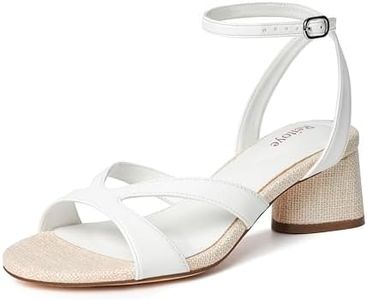 Reitoye Women's Chunky White Beige Heels Open Toe Woven Strappy Sandals Ankle Strap Low Block Heel Sandals Comfort Party Shoes Size 8