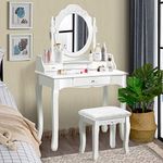 Giantex Makeup Vanity Table with Mirror and Stool, Girls Makeup Table with Round Mirror, 3 Drawers, Wood Legs, Cushioned Stool, Dressing Table Vanity Desk Set for Bedroom (White)