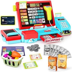maysida 52PCS Toy Cash Register for Kids with Sound Music/Scanner/Microphone/Credit Card/Play Money, Pretend Learning Toy Kids Cash Register, Christmas Birthday Gift for Toddlers Girl Boy Age 3 4 5 6