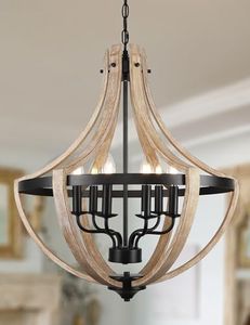 6-Light Large Rustic Farmhouse Dining Room Chandeliers, Adjustable Height Entryway Light Fixture, Hanging Wood Chandelier for Kitchen Island Foyer Stairwell Office