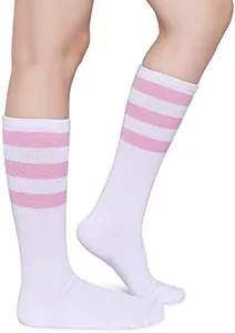 Pareberry Classic Triple Stripes Soft Cotton On the Calf Retro White Tube Socks (A-pair(Pink/White))
