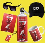 THEWHOOP Printed Cristiano Ronaldo Gift Combo Pack of Mug (350ml), Sipper Bottle (750ml), Keychain, Sunglass, Cap, Greeting Card, Birthday Gift Set for Cristiano Ronaldo Fans (Pack of 6) (Red)