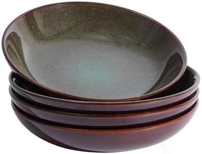 Pokini 8.75 Inch Large Ceramic Pasta Bowls, 32 Oz Reactive Glaze Stoneware Pasta Serving Bowls Set of 4 for Kitchen, Wide Bowls for Fruit,Pasta,Salad,Soup, Scratch Resistant-Brown and Green