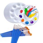 NEFOTIK 10 Pcs Round Paint Palette with 20 Pcs Paint Brushes White Watercolor Plastic Sturdy Palette for Kids DIY Craft Class Mixing Art Paint Tray Palette (30 Piece Combination Set)