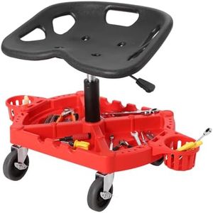 Rolling Mechanic Stool, 300 LBS Capacity, 19''-25'' Height Adjustable Shop Stool with Tool Tray & 4" 360° Lockable Swivel Wheels for Garage, Auto Repair, Workshop, ‌Heavy Duty, Red