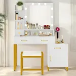 YITAHOME 41.3'' Vanity Desk with Mirror and Lights, Makeup Vanity with Drawers, Shelves, Cabinet, Power Outlet, Dressing Table Set with Stool, 3-Color Adjustable Lighting, Bedroom, Ivory White