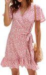 Naggoo Women's Summer Wrap V Neck Polka Dot Print Ruffle Short Sleeve Mini Floral Dress with Belt, A Pink Floral, Medium