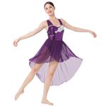 IBAKOM Women Lyrical Dance Costumes Shiny Sequins Flower Contempory Dance Dress Adult Duet Ballroom Dance Costume, Purple Flower, Medium