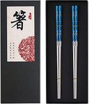 Metal Chopsticks Reusable Titanium Plated 18/8 Stainless Steel Chopsticks Dishwasher Safe Premium Non-Slip Laser Engraved Chop Sticks Korean Japanese Chinese Chopsticks 2 Pairs Gift Set Blue Silver