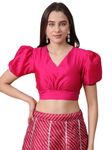 Frolic Rolic Women's Girls Silk Puff Sleeve Solid V-Neck Crop Top Blouse for Party Wedding Festive Pink