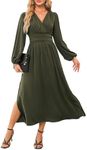 Dokotoo Wedding Guest Dresses for Women 2024 Wrap V-Neck Long Sleeve Empire Waist Maxi Dress Side Slit Ruched Party Club Prom Cocktail Dress Green Large