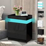 ELFORDSON LED Bedside Table with 2 Drawers and 1 Top Drawer, Bedside Cabinet with 4-side High Gloss, 16 RGB LED Colours, Side Table Nightstand for Bedroom Living Room Home Furniture, Black