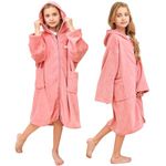 Hiturbo Kids Hooded Towel Robe: Changing Zipper Bath Robe Poncho Towelling for Swimming Beach Surfing Home Pink