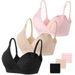 Vinfact Nursing Bra 3 Pack Seamless V Neck Maternity Bra Women Pregnancy Breastfeeding Bra（A-Black,Nude,Pink，L）