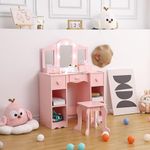 GAOMON Kids Vanity Table, Girls Vanity with Tri-Folding Mirror, Drawer,Open Storage Shelves, Wood Makeup Playset with Chair, Princess Vanity Table for Toddlers