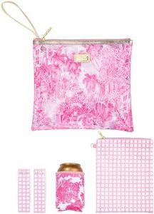 Lilly Pulitzer Water Resistant Vinyl Beach Day Pouch, Zipper Bag Includes Drink Hugger, Small Pouch, and Towel Clips (Palm Beach Toile)