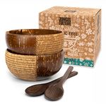 Jungle Culture® Set of 2 Coconut Bowls & Spoons • Organic Wooden Bowls Polished with Coconut Oil, Reusable Straw & Pouch • Handmade Serving Bowls for Food Acai Smoothies & Salad • Eco Friendly Gift