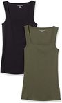 Amazon Essentials Women's Slim Fit Square Neck Tank, Pack of 2, Black/Dark Olive, Small