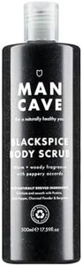 ManCave Gommage Corps Blackspice 500 ml pour Homme, Gommage Corps Exfoliant, Exfolie et Nettoie la Peau, Poudre Pierre Ponce Charbon Bois, Exfoliant Corps Naturel, Végétalien, Fabriqué en Angleterre