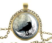 Vintage Raven Necklace Pendant, Spooky Black Bird in Half Moon Art Jewellery